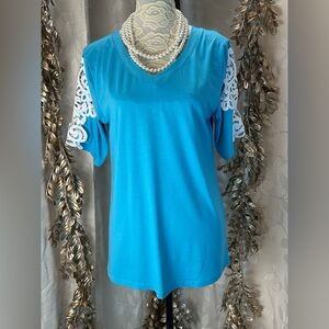 Amazon Blue Crochet Sleeve V-Neck Blouse Medium Soft Stretchy Feminine